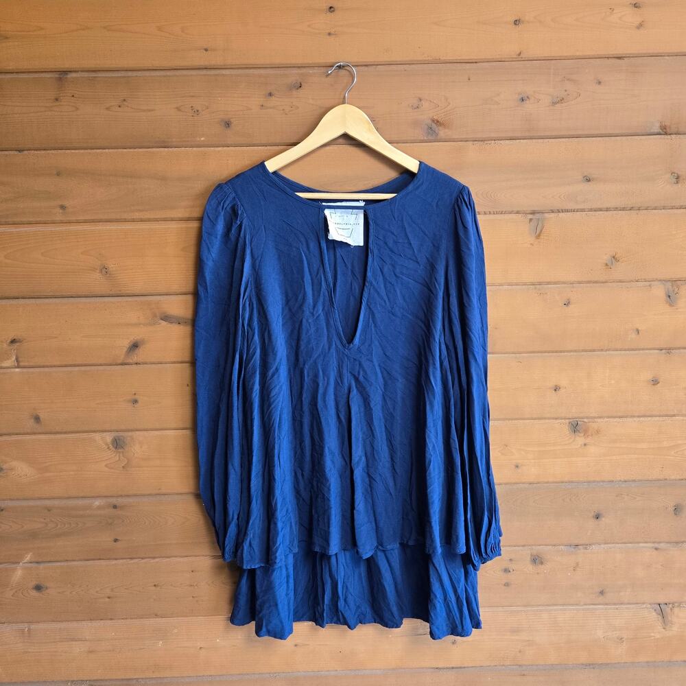 Free People Dress Mini Beck Navy Blue Balloon Sleeve M Boho Keyhole Tiered Boho - Picture 2 of 5